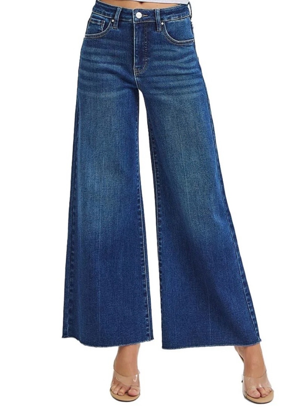 Risen Palazzo Jeans Wide Leg 13/31 Dark Wash Raw Hem Flare Denim